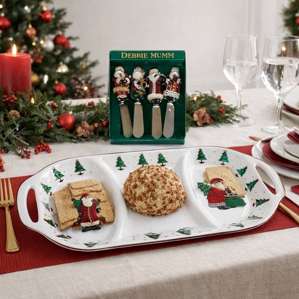 Sakura Debbie Mumm Majic Of Santa Holiday Serving Platter & Spreaders Set 1998